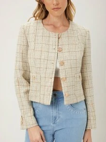 MOTF PREMIUM Áo khoác ngoài nữ Nút phía trước Sọc ca rô Thanh lịch - Màu be - Xem 6