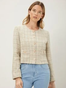 MOTF PREMIUM Áo khoác ngoài nữ Nút phía trước Sọc ca rô Thanh lịch - Màu be - Xem 9