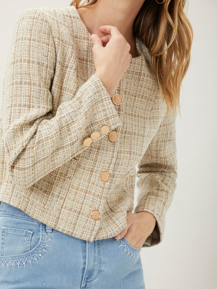 MOTF PREMIUM Áo khoác ngoài nữ Nút phía trước Sọc ca rô Thanh lịch - Màu be - Xem 10