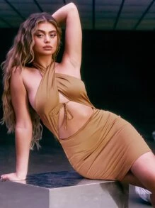 SHEIN Unity Halter Neck Tie Satin Bodycon Mini Dress - Khaki - View 1