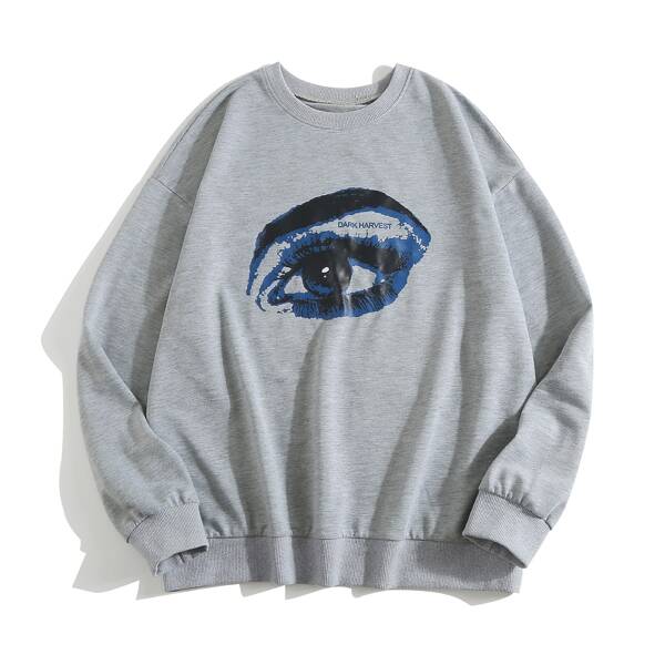 

Eye & Letter Print Drop Shoulder Sweatshirt, Grey