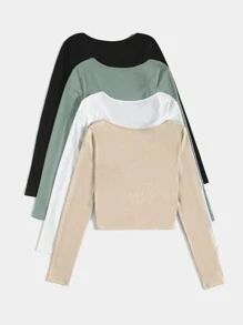 SHEIN Unity 4pcs Scoop Neck Ribbed Knit Tee - Multicolor - View 2