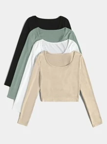 SHEIN Unity 4pcs Scoop Neck Ribbed Knit Tee - Multicolor - View 4