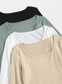 SHEIN Unity 4pcs Scoop Neck Ribbed Knit Tee - Multicolor - View 5