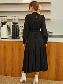 Modelyn Mock Neck Ruched Belted Ruffle Hem Dress - Black - View 2