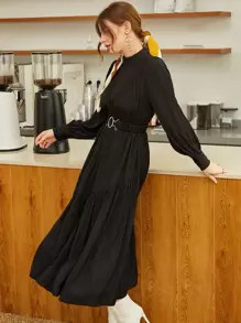 Modelyn Mock Neck Ruched Belted Ruffle Hem Dress - Black - View 5