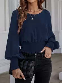 SHEIN LUNE Solid Bishop Sleeve Shirred Blouse - Navy Blue - View 1