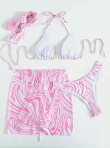 SHEIN Swim Vcay Summer Beach 4packs Fluid Pattern Halter Bikini & Beach Skirt - Pink - View 2