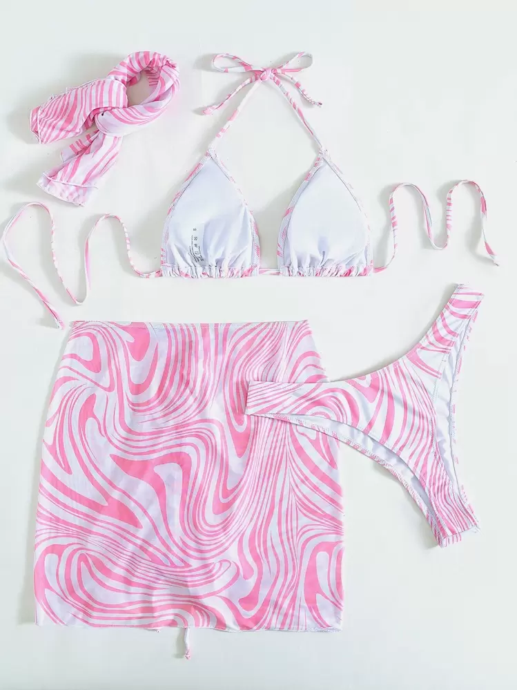 SHEIN Swim Vcay Summer Beach - 4 Paquetes De Bikini Halter Con Estampado Fluido Y Falda De Playa - Rosa - Ver 2