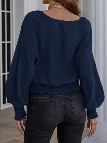 SHEIN LUNE Solid Bishop Sleeve Shirred Blouse - Navy Blue - View 2