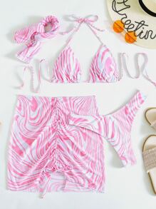 SHEIN Swim Vcay Summer Beach 4packs Fluid Pattern Halter Bikini & Beach Skirt - Pink - View 4