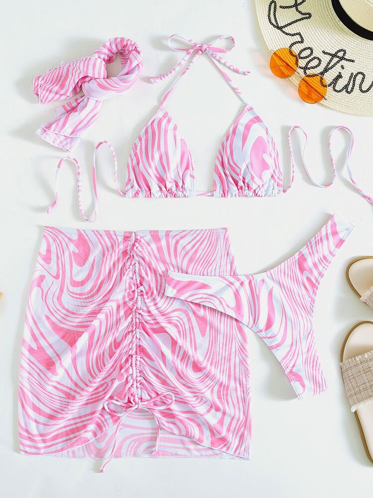 SHEIN Swim Vcay Summer Beach - 4 Paquetes De Bikini Halter Con Estampado Fluido Y Falda De Playa - Rosa - Ver 4