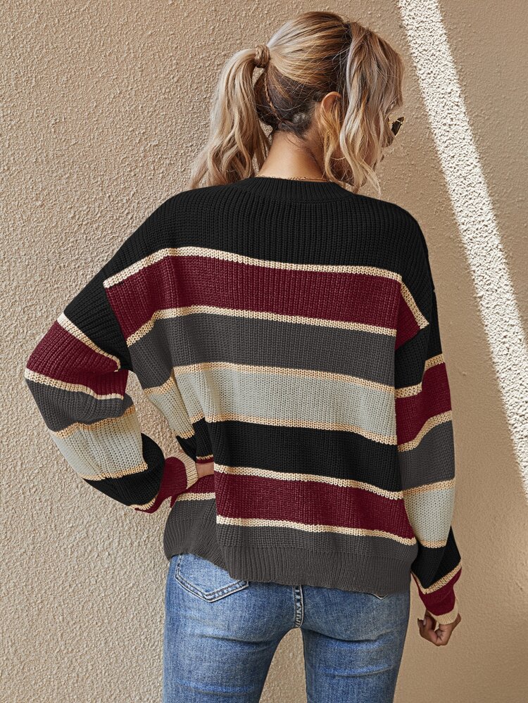 Striped Pattern Oversized Sweater,Long Sleeve Tops Knit Pullover Fall Winter