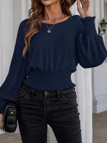 SHEIN LUNE Solid Bishop Sleeve Shirred Blouse - Navy Blue - View 5