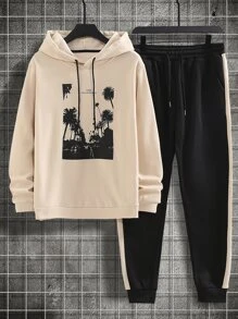 Manfinity Men Letter & Palm Tree Print Drawstring Hoodie & Sweatpants - Multicolor - View 1