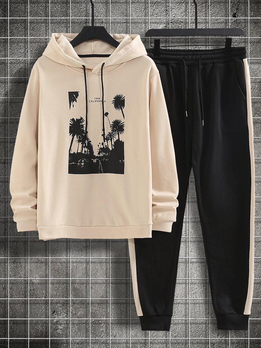 Manfinity Men Letter & Palm Tree Print Drawstring Hoodie & Sweatpants - Multicolor - View 1
