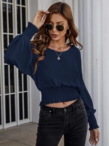 SHEIN LUNE Solid Bishop Sleeve Shirred Blouse - Navy Blue - View 6