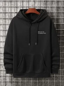 Manfinity Homme Men Slogan Graphic Kangaroo Pocket Drawstring Thermal Hoodie - Black - View 1