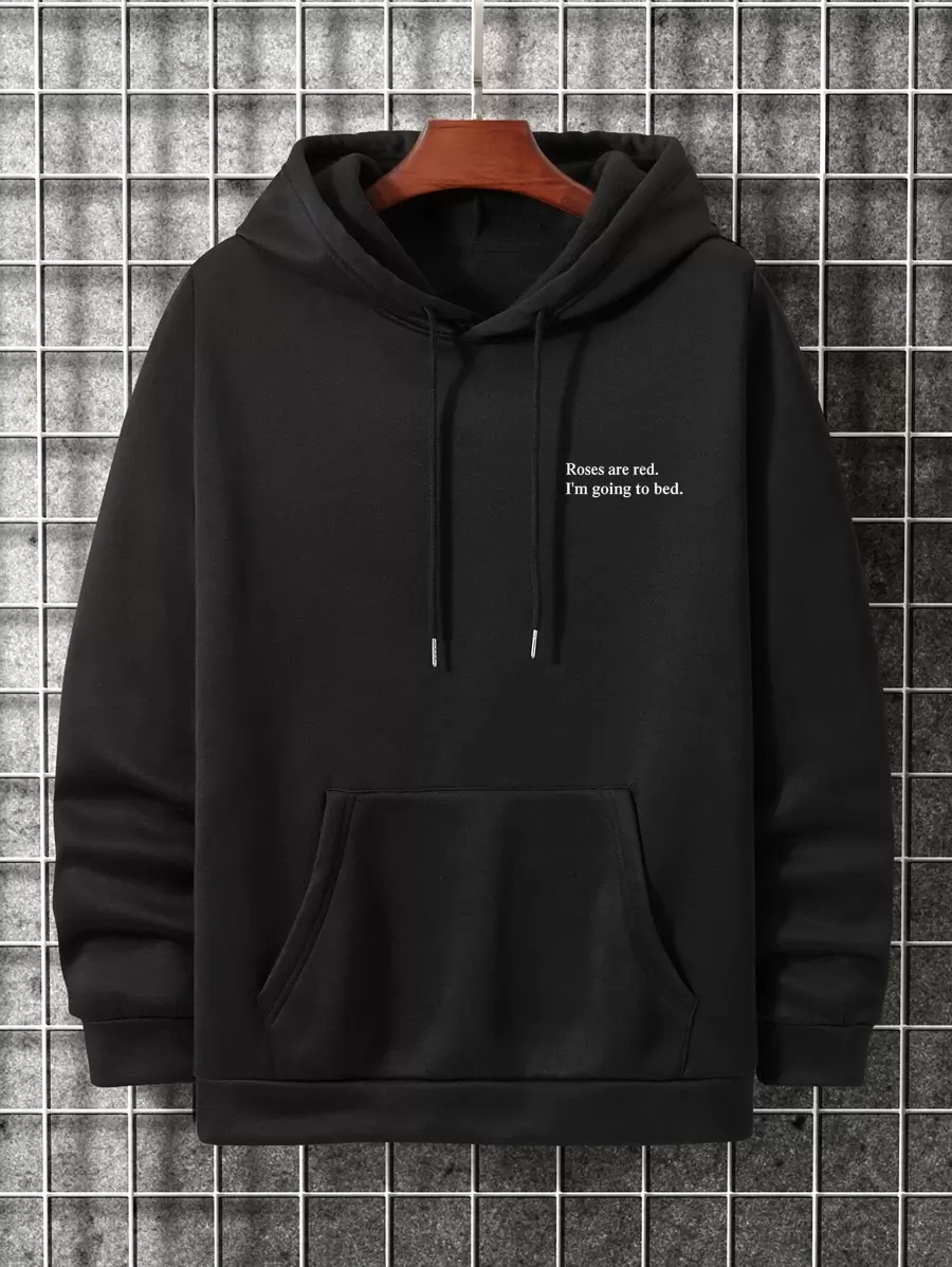 Manfinity Homme Men Slogan Graphic Kangaroo Pocket Drawstring Thermal Hoodie - Black - View 1