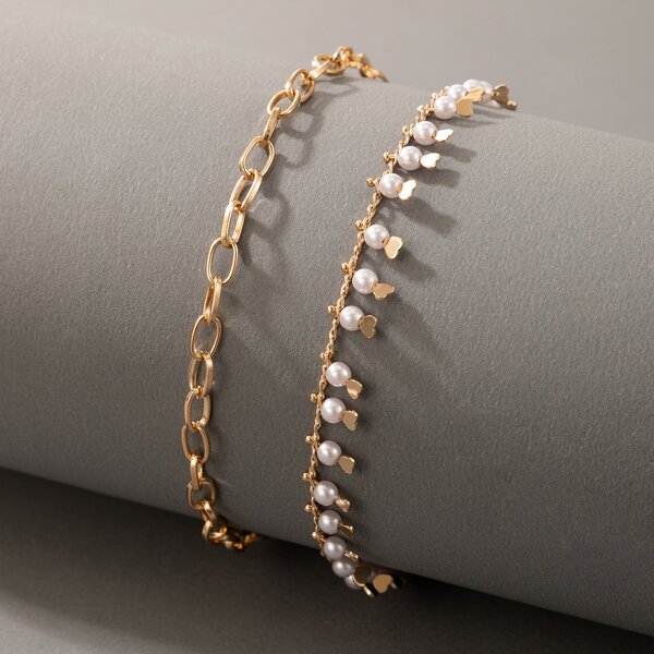 

2pcs Faux Pearl Charm Bracelet, Gold