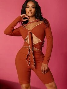 SHEIN SXY Knot Front Cut Out Top-stitching Romper - Red - View 1
