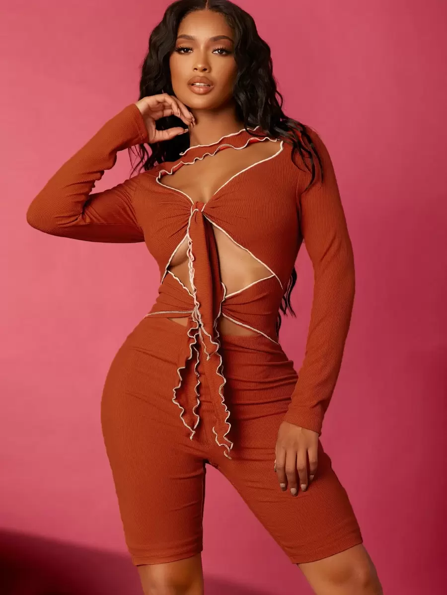 SHEIN SXY Knot Front Cut Out Top-stitching Romper - Red - View 1
