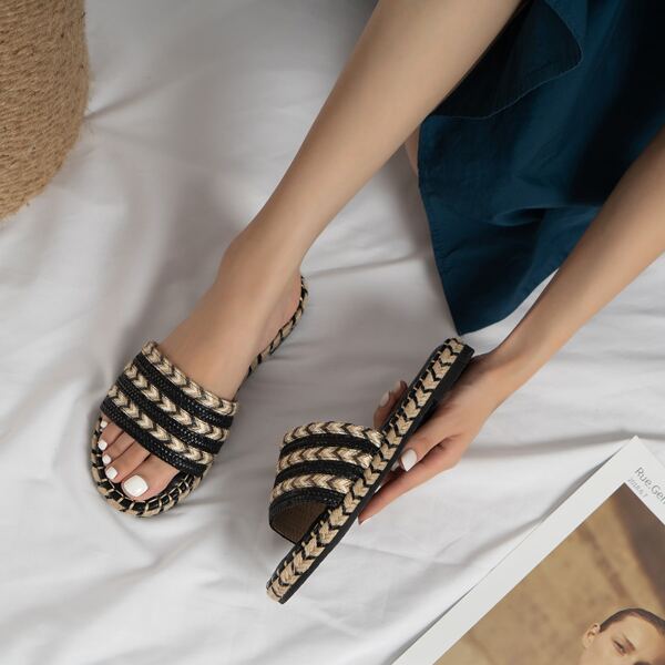 

Vacation Straw Slide Sandals, Black