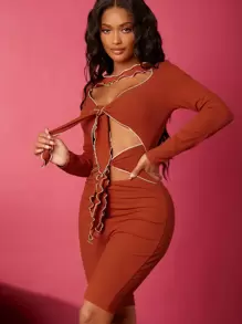 SHEIN SXY Knot Front Cut Out Top-stitching Romper - Red - View 3