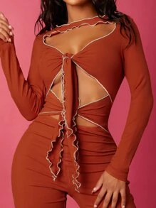SHEIN SXY Knot Front Cut Out Top-stitching Romper - Red - View 4