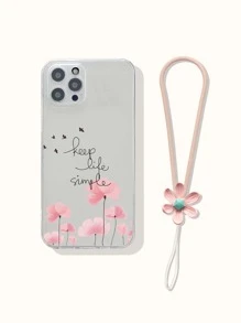 Flower Painted Clear Phone Case With Lanyard - Pink - View 1