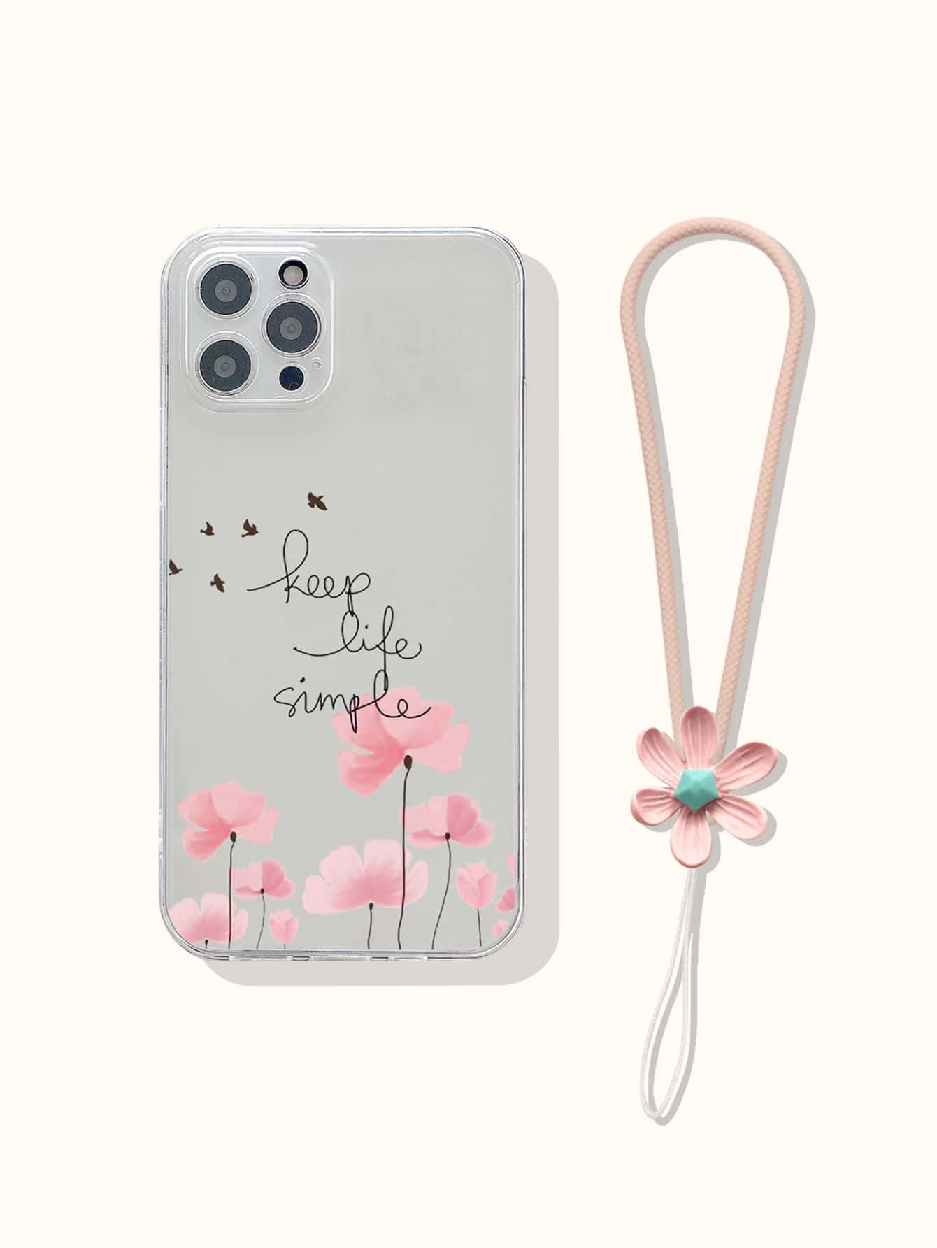 Flower Painted Clear Phone Case With Lanyard - Pink - View 1