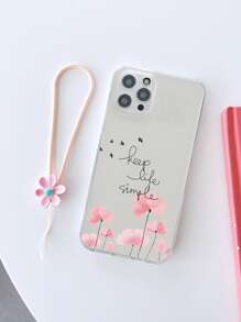 Flower Painted Clear Phone Case With Lanyard - Pink - View 2