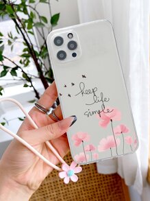 Flower Painted Clear Phone Case With Lanyard - Pink - View 4
