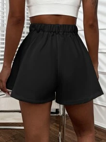 SHEIN Solid Plicated Wide Leg Shorts - Black - View 2