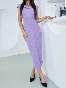 Vestido con botón delantero con textura bajo con abertura - Lila Púrpura - Ver 4