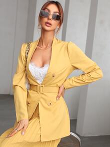 unicolor con cinturón Blazer & Falda fruncido - Amarillo - Ver 4