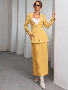 unicolor con cinturón Blazer & Falda fruncido - Amarillo - Ver 6