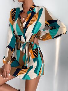 SHEIN Clasi All Over Print Belted Dress - Multicolor - View 1