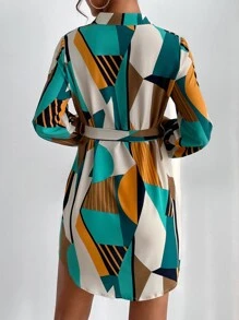 SHEIN Clasi All Over Print Belted Dress - Multicolor - View 2