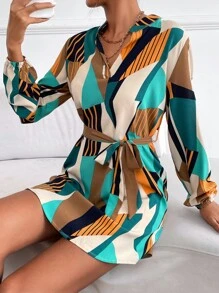 SHEIN Clasi All Over Print Belted Dress - Multicolor - View 3