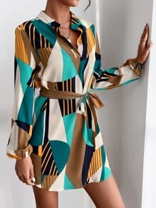 SHEIN Clasi All Over Print Belted Dress - Multicolor - View 5