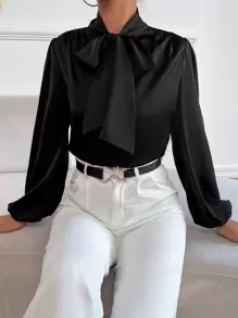 SHEIN BAE Satin Tie Neck Bishop Sleeve Blouse,Long Sleeve Tops