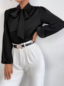 SHEIN BAE Satin Tie Neck Bishop Sleeve Blouse,Long Sleeve Tops