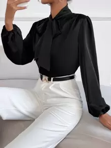 SHEIN BAE Satin Tie Neck Bishop Sleeve Blouse,Long Sleeve Tops