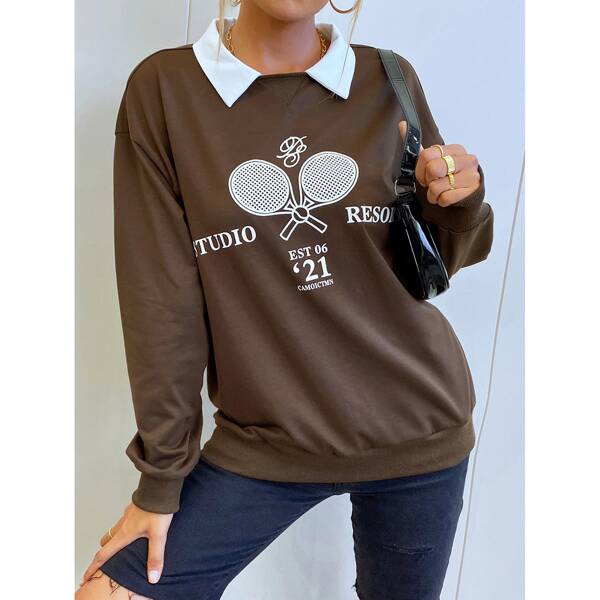 

Letter & Tennis Racket Print Drop Shoulder Contrast Collar 2 In 1 Pullover, Brown
