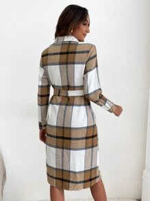 格紋翻蓋口袋腰帶羊毛混紡襯衫連衣裙 - 彩色 - 查看 2