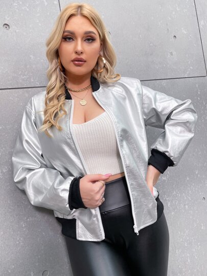 Plus PU Zip-up Bomber Jacket