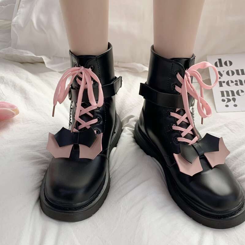 

Bow Decor Lace Up Front Combat Boots, Black
