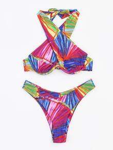 Color Block Criss Cross Bikini, For Summer Beach Vacation - Multicolor - View 3