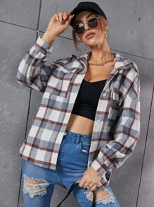 SHEIN Essnce 格紋圖案翻蓋口袋落肩袖花呢外套 - 彩色 - 查看 1